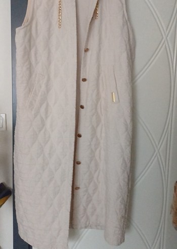 Bej Keten Düğmeli Midi Kadın Yelek - Görsel 3