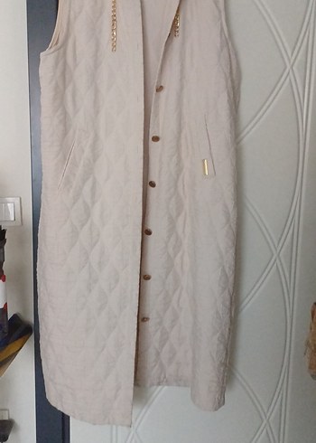 Bej Keten Düğmeli Midi Kadın Yelek - Görsel 6