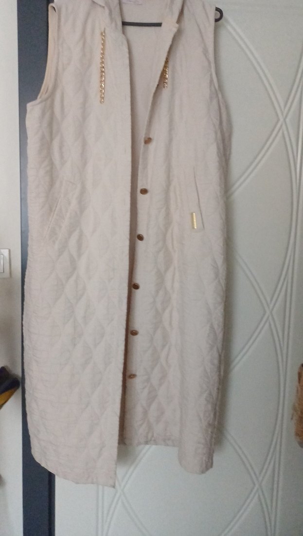 Bej Keten Düğmeli Midi Kadın Yelek - Görsel 3