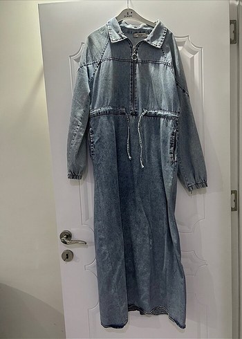Uzun Denim Elbise, Belden Bağlamalı, Gri