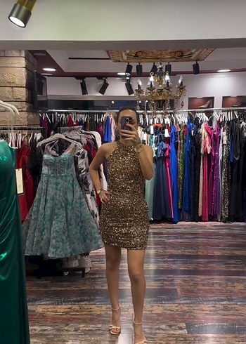 Parlak bakır Payetli Mini Elbise