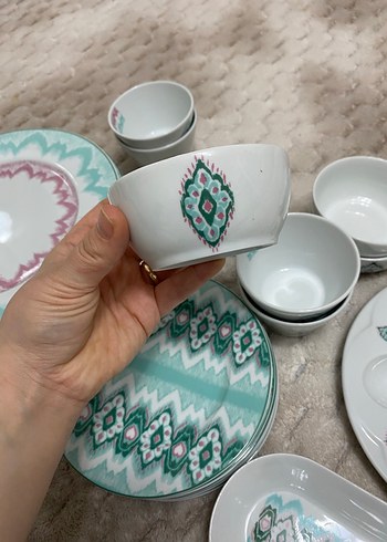 Turkuaz Pastel Desenli Porselen Yemek kahvaltı Takımı - Görsel 3