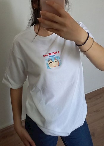 Beyaz Pamuklu Baskılı Oversize Tişört