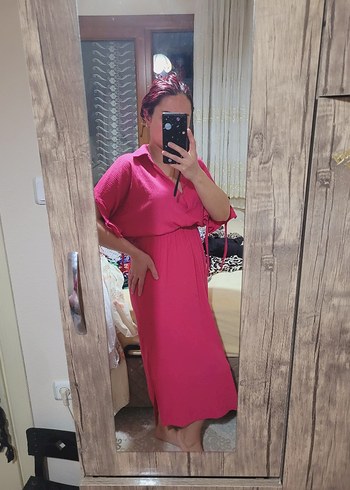 Koton Pembe Midi V Yaka Kemerli Kadın Elbise