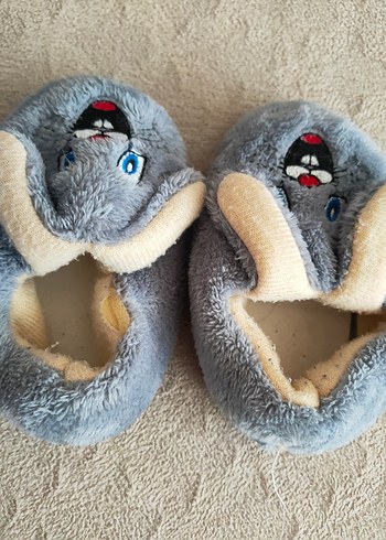 22 Beden mavi Renk Erkek Çocuk Gri Peluş Leopar Desenli Terlik