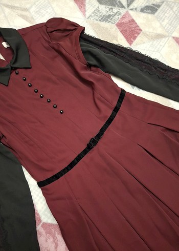 Bordo Gotik Düğmeli Uzun Kadın Elbise - Görsel 2