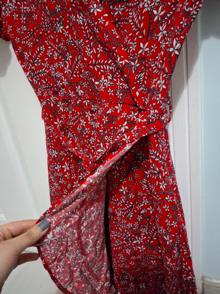 Kısa Kollu Kırmızı Bohem Midi Elbise - Görsel 3