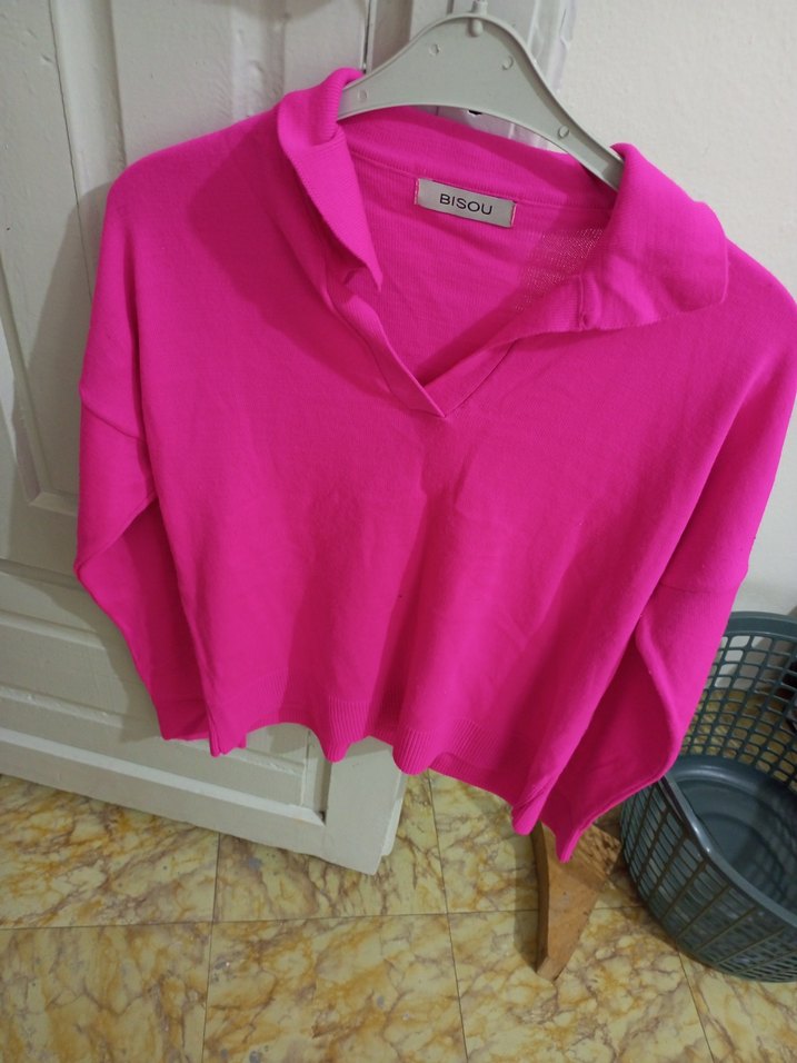 Pembe V Yaka Pamuklu Kadın Kazak - Görsel 2