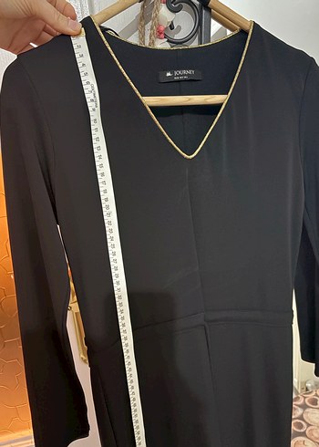 Journey Altın nakis Detaylı Siyah Uzun V Yaka Elbise - Görsel 4