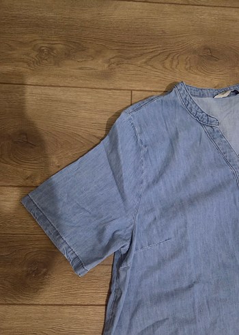 diğer Beden Kısa Kollu Mavi Denim Midi Elbise