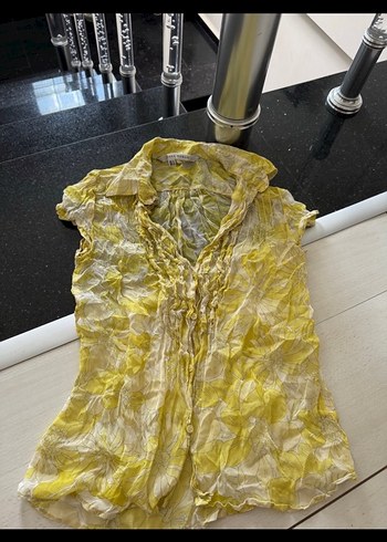 Sarı Drape Detaylı Kolsuz Keten Gömlek