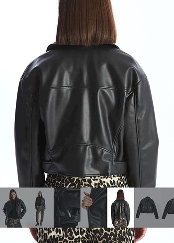 Kemer Detaylı Siyah Mini Deri Biker Ceket - Görsel 4