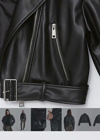 Kemer Detaylı Siyah Mini Deri Biker Ceket - Görsel 6