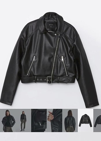 Kemer Detaylı Siyah Mini Deri Biker Ceket - Görsel 5