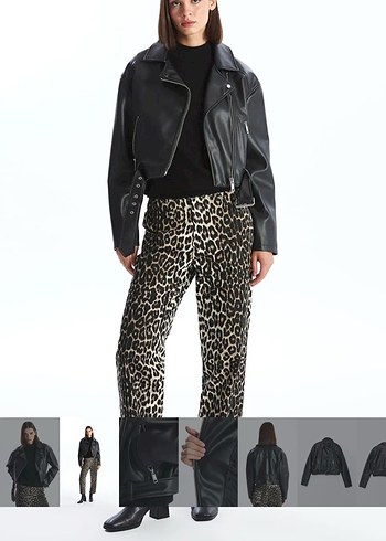 Kemer Detaylı Siyah Mini Deri Biker Ceket - Görsel 2