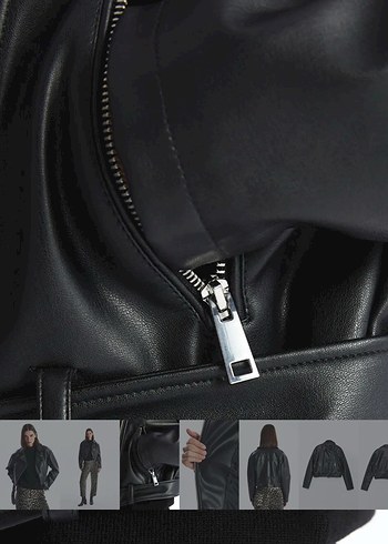 Kemer Detaylı Siyah Mini Deri Biker Ceket - Görsel 3