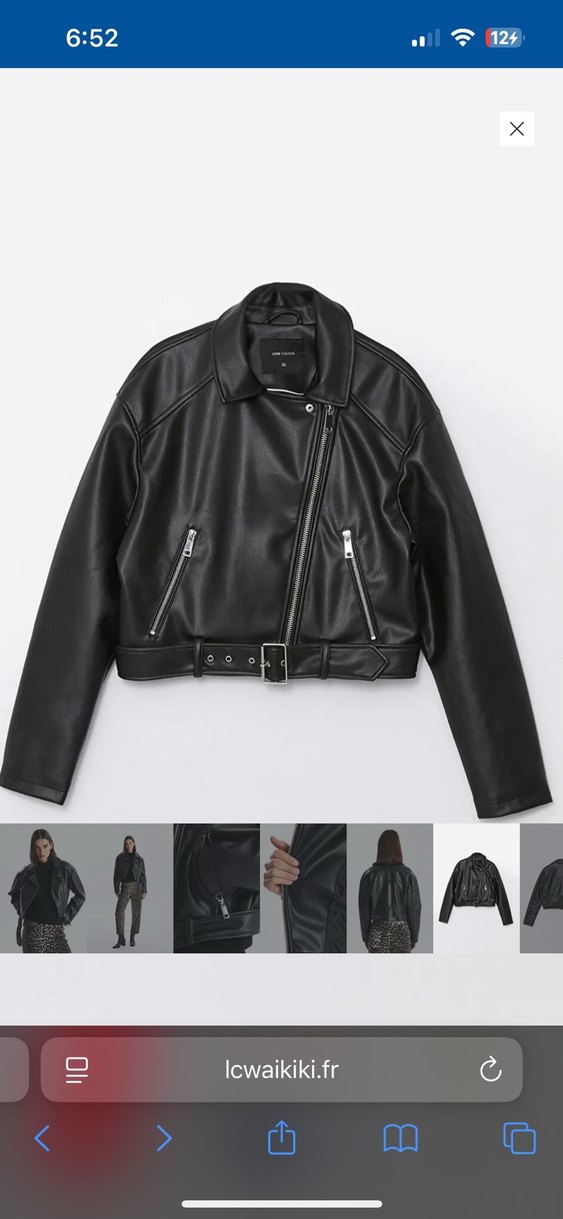 Kemer Detaylı Siyah Mini Deri Biker Ceket - Görsel 5