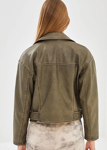 Kadın Loose Fit Deri Ceket Bel Detaylı - Görsel 2