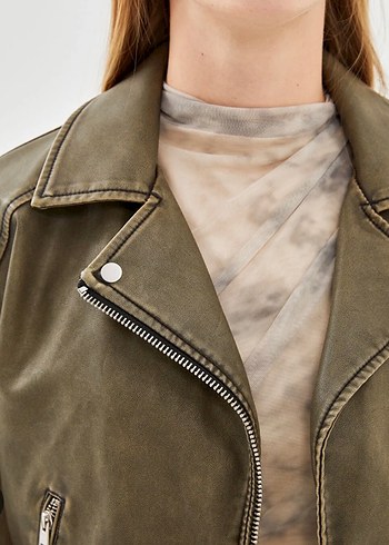 Kadın Loose Fit Deri Ceket Bel Detaylı - Görsel 3