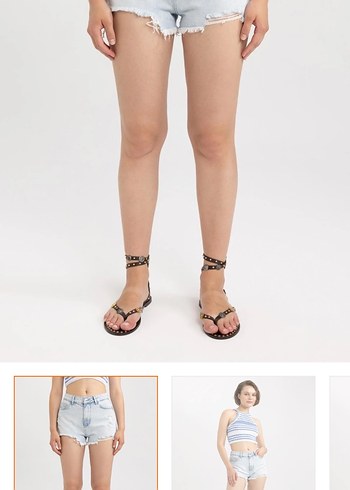 Bej Bağlama Desenli Kadın Mini Kot Şort - Görsel 3