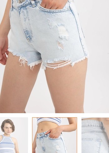 Bej Bağlama Desenli Kadın Mini Kot Şort - Görsel 2