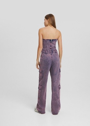 Mor Bağcıklı Kadın Denim Tulum - Görsel 2