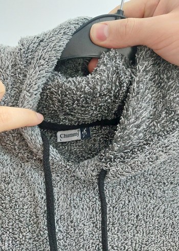 Gri Kapüşonlu erkek peluş sweatshirt - Görsel 4