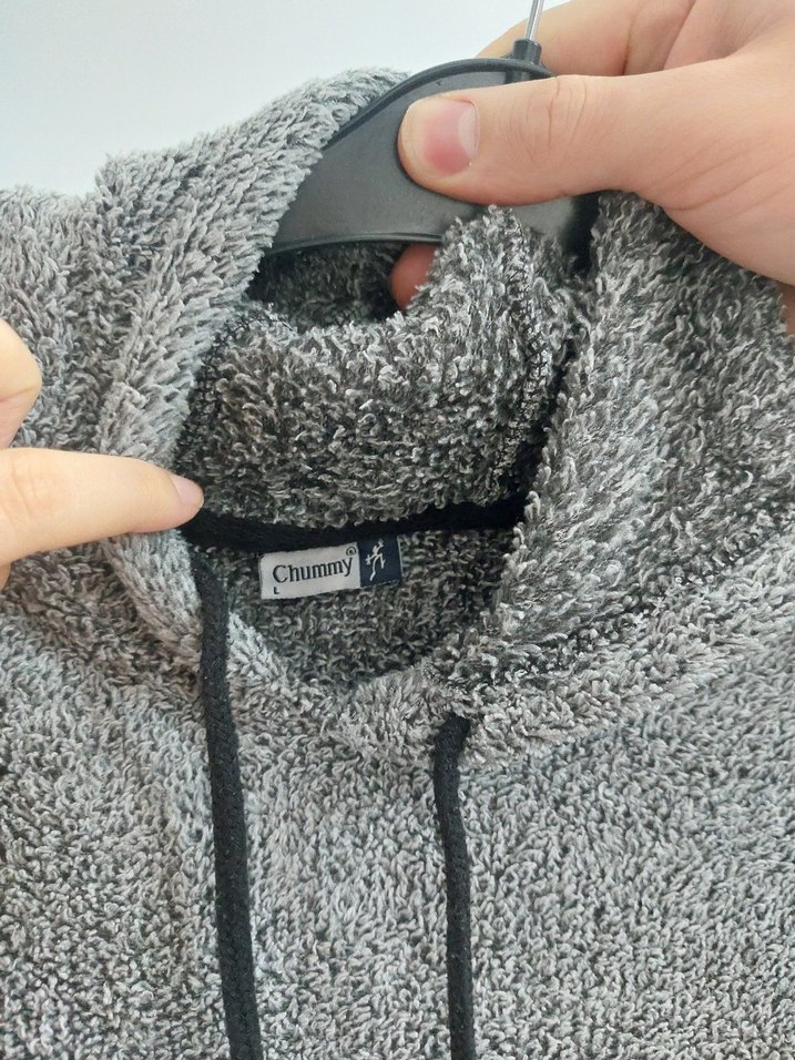 Gri Kapüşonlu erkek  peluş sweatshirt - Görsel 4