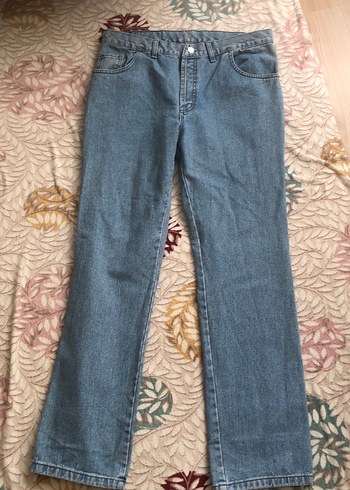 Düğmeli Mavi Bol Kesim Kadın Kot Pantolon - Görsel 2