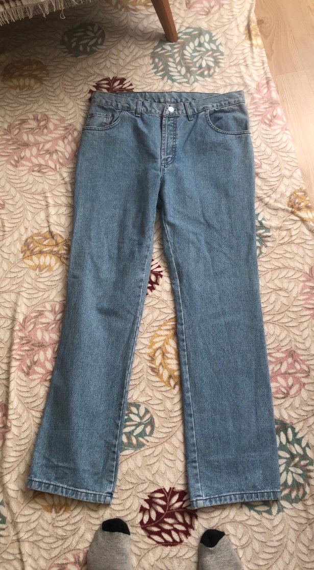 Düğmeli Mavi Bol Kesim Kadın Kot Pantolon - Görsel 2