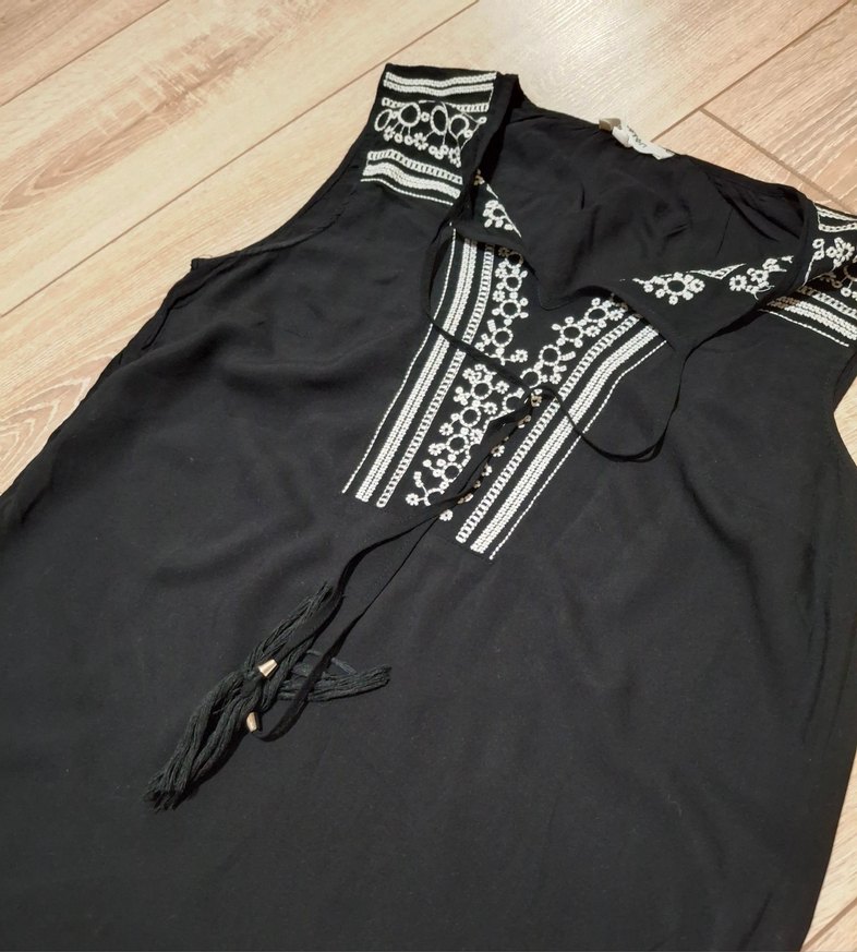 Püsküllü Nakışlı keten Siyah Bohem Bluz - Görsel 2