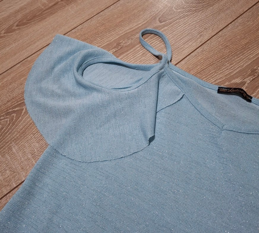 Kadın Mavi V Yaka omuzları açık askılı Triko Bluz - Görsel 2