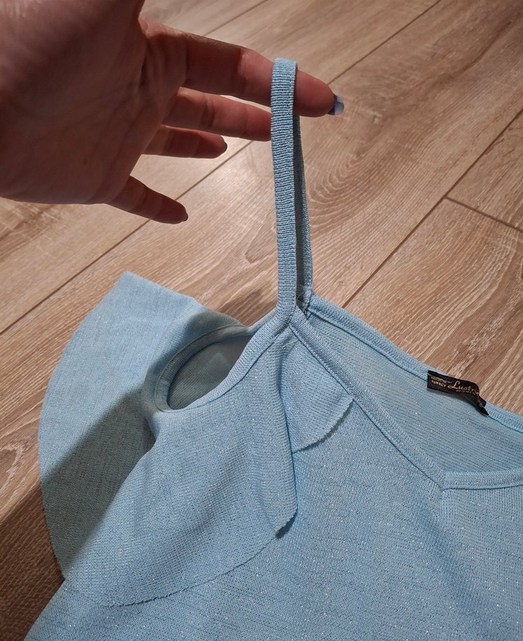 Kadın Mavi V Yaka omuzları açık askılı Triko Bluz - Görsel 3