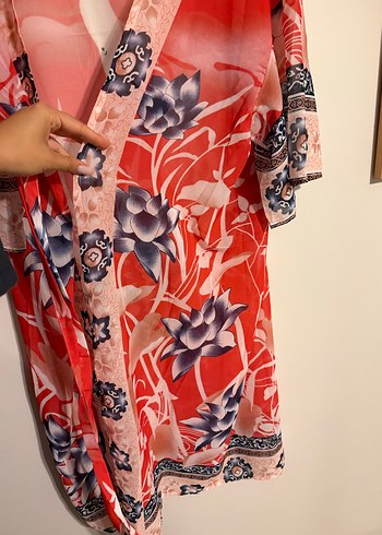 universal Beden kırmızı Renk Uzun Kırmızı Batik Desenli Kadın Kimono
