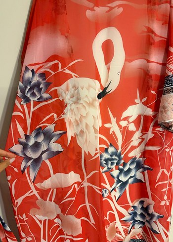 universal Beden Uzun Kırmızı Batik Desenli Kadın Kimono