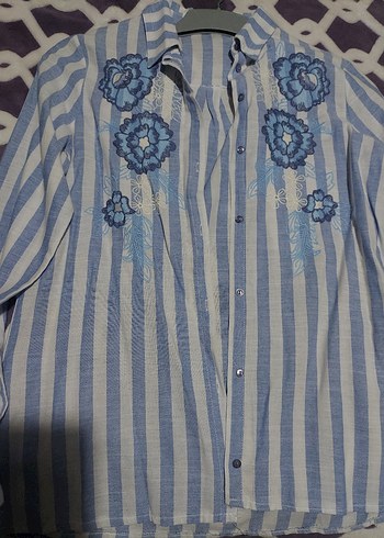 Mavi Nakışlı Bohem Kadın Gömlek - Görsel 4