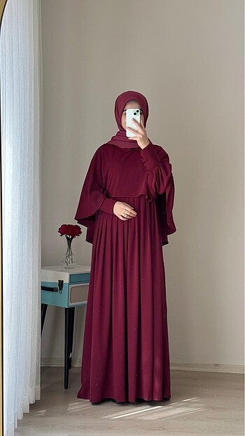 LALEZAR PELERİNLİ ELBİSE-BORDO