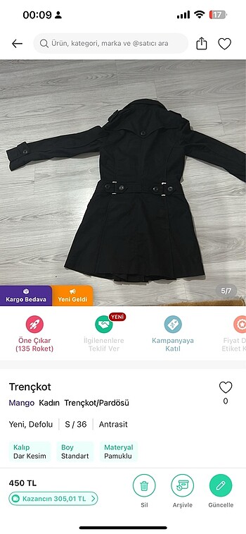 s Beden siyah Renk Trençkot