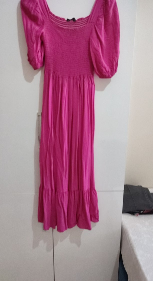 Pembe Uzun Bohem Pliseli Elbise - Görsel 2