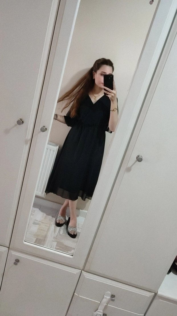 Siyah V Yaka şifon Midi Elbise - Görsel 3