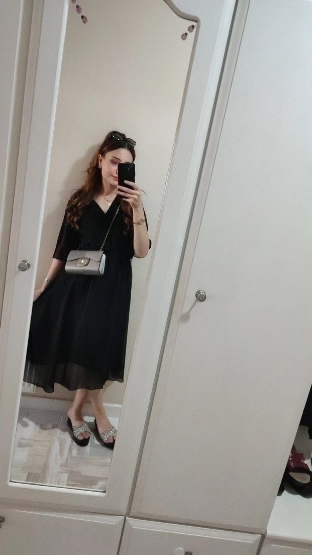 Siyah V Yaka şifon Midi Elbise - Görsel 2