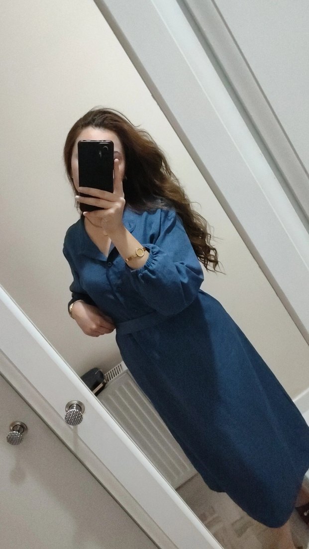 Lacivert Kadın Uzun Denim Elbise - Görsel 4