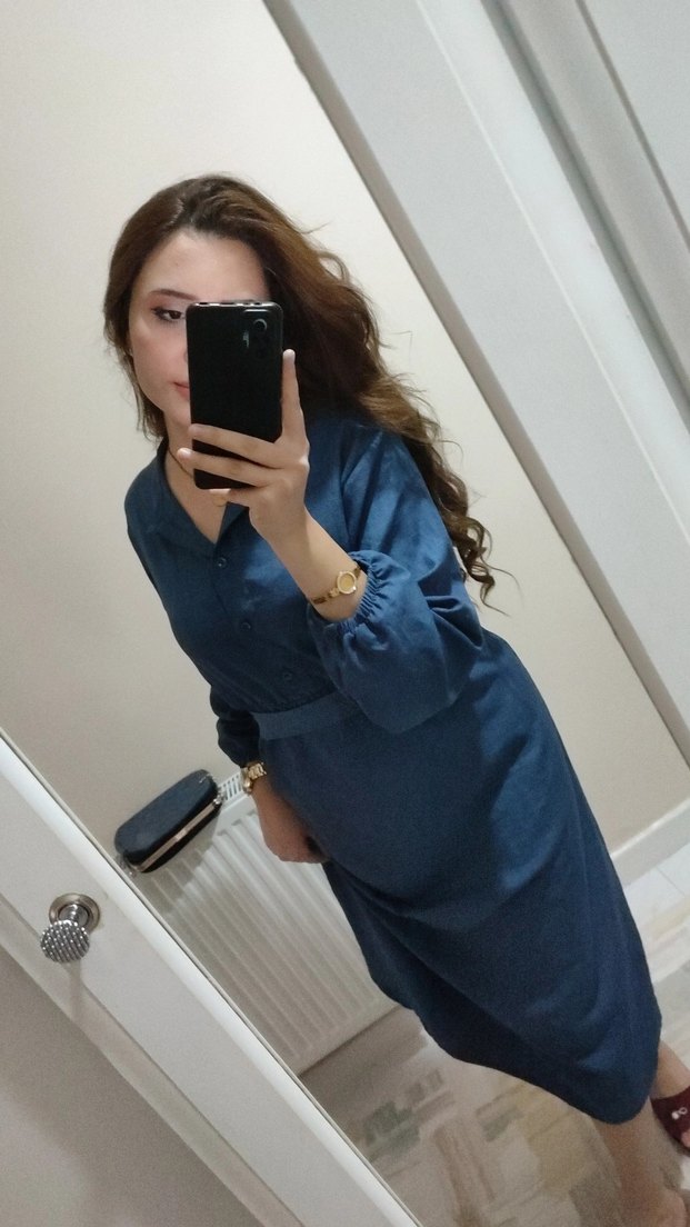 Lacivert Kadın Uzun Denim Elbise - Görsel 3