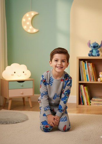 Gri Bağlama Desenli Çocuk Polar Pijama Takımı - Görsel 2