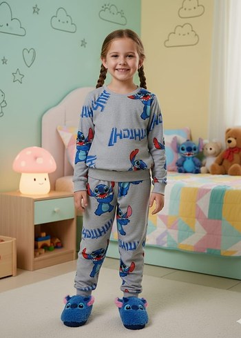 Gri Bağlama Desenli Çocuk Polar Pijama Takımı - Görsel 5