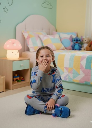 Gri Bağlama Desenli Çocuk Polar Pijama Takımı - Görsel 4