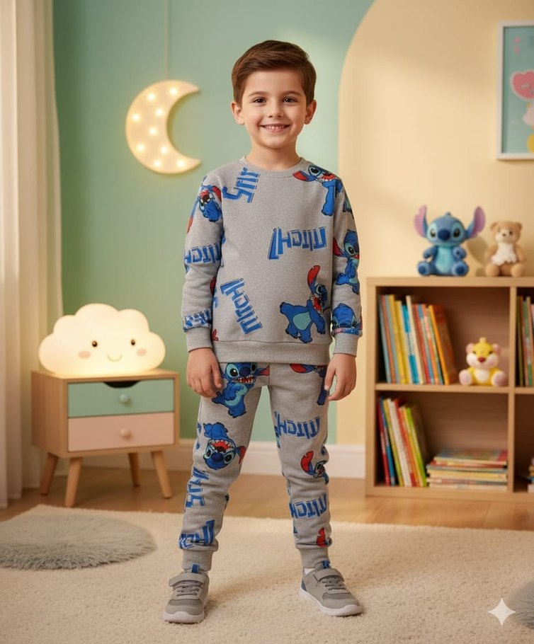 Gri Bağlama Desenli Çocuk Polar Pijama Takımı - Görsel 3
