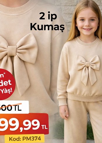 Kız Çocuk Haki Fiyonklu Sweatshirt ve Pantolon - Görsel 2