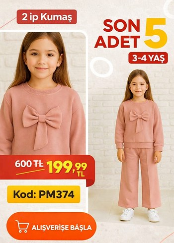 Kız Çocuk Haki Fiyonklu Sweatshirt ve Pantolon - Görsel 3