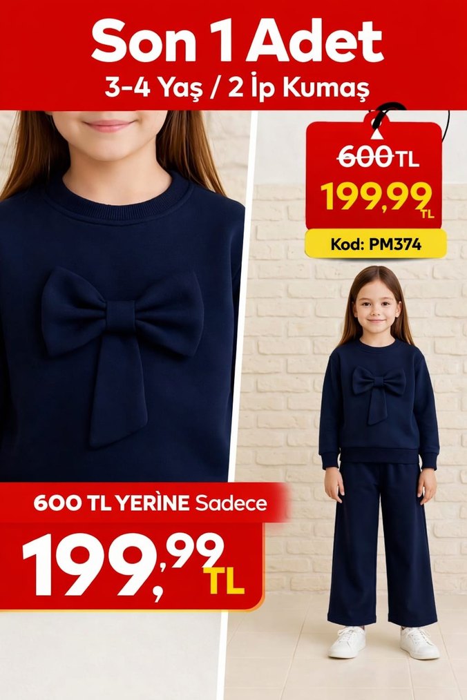 Kız Çocuk Haki Fiyonklu Sweatshirt ve Pantolon - Görsel 4